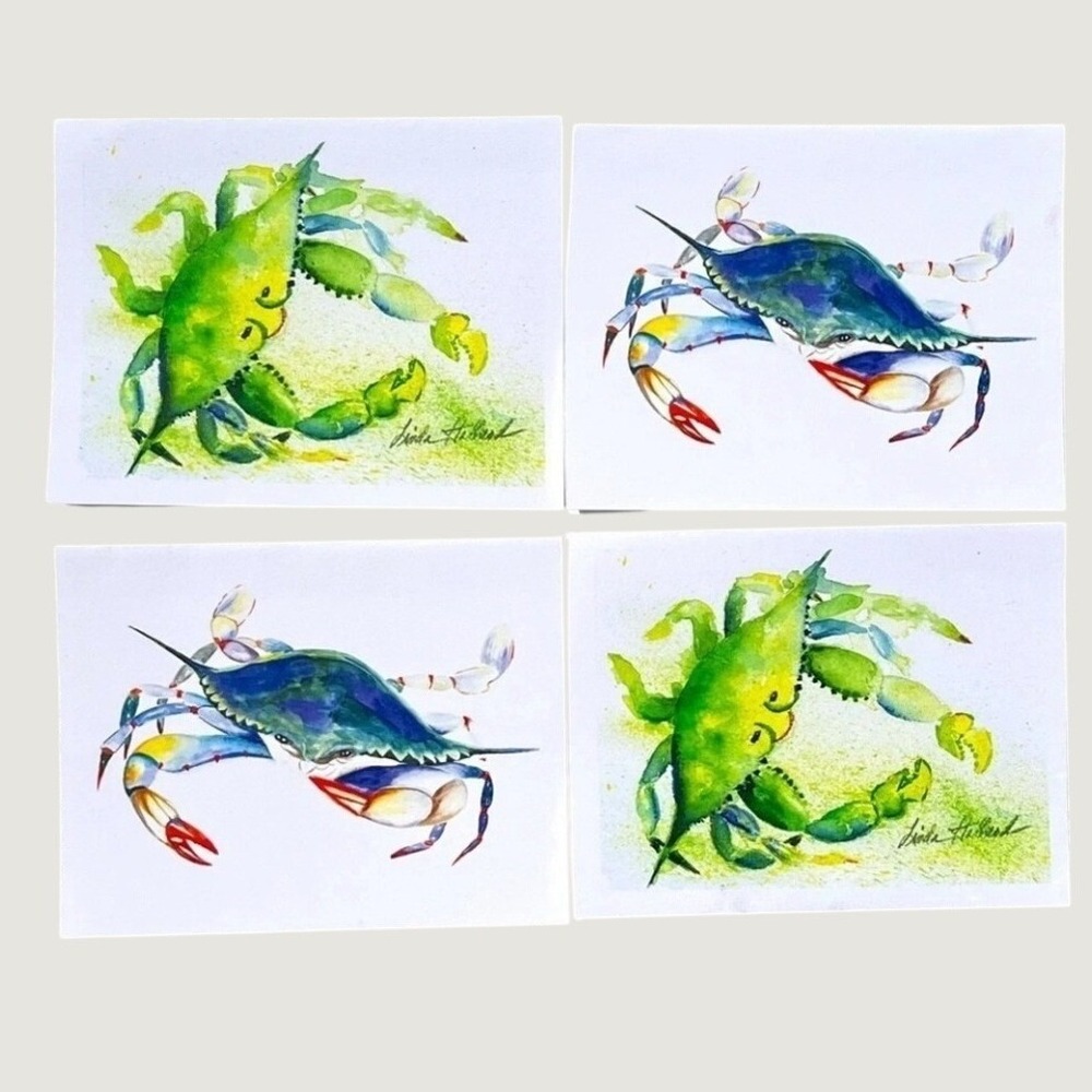 Watercolor Print Notecards Envelopes Crabs Set Of 4 NWOT Blue Green Blank Inside